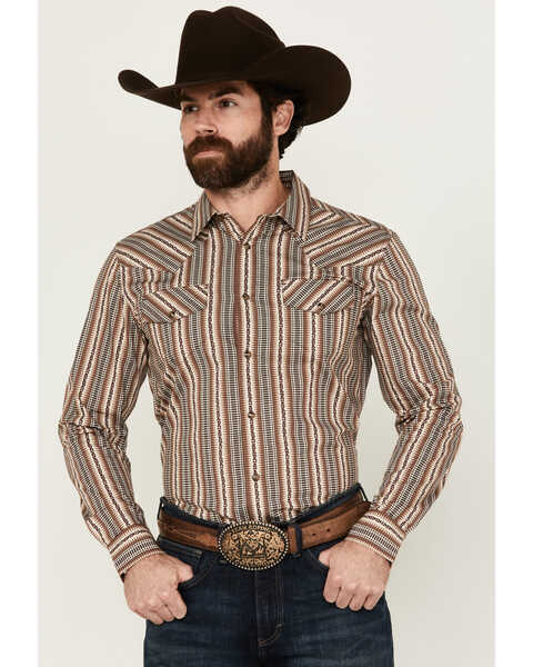 Gibson Men's Show Downer Floral Striped Long Sleeve Snap Western Shirt , Brown, hi-res