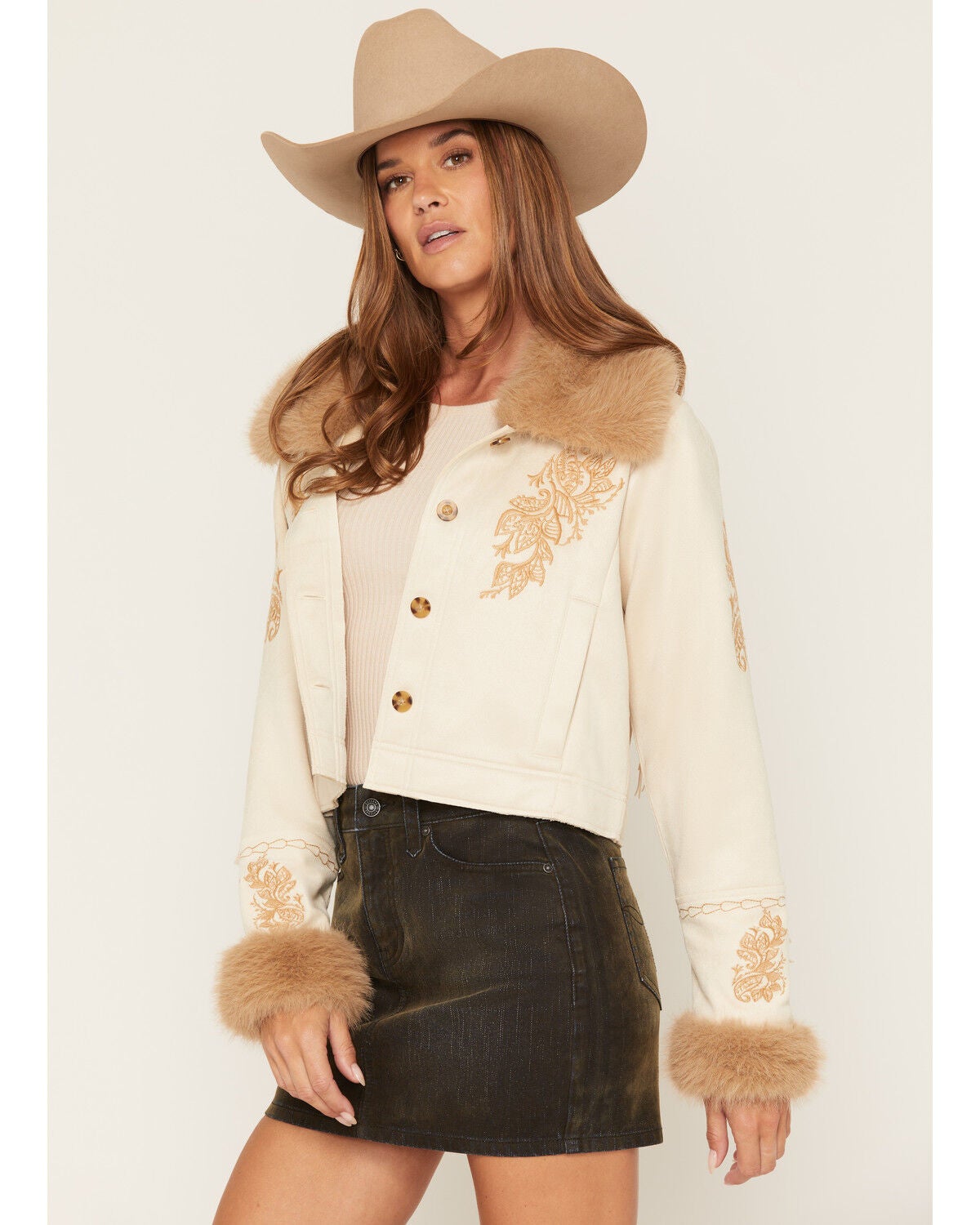 Image #1 - Shyanne Women's Merritt Embroidered Faux Suede Jacket, Beige, hi-res