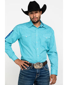 Rough Stock By Panhandle Men's Layton Logo Geo Print Long Sleeve Western Shirt , Turquoise, hi-res