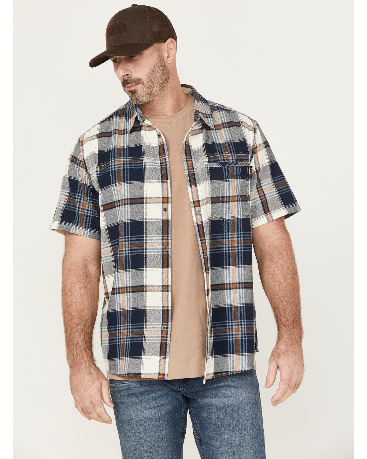 Hawx Men's Hedgerow Plaid Print Short Sleeve Snap Work Shirt, Navy, hi-res