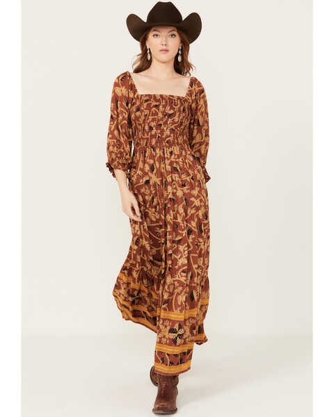 Image #1 - Angie Women's Border Print Long Sleeve Maxi Dress, Brown, hi-res