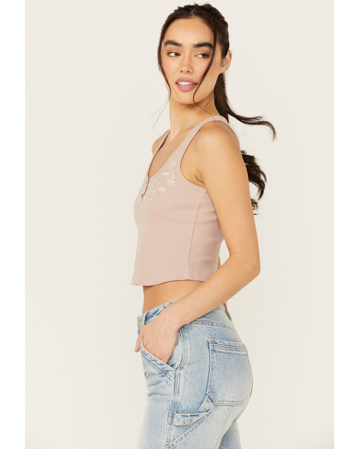 Image #2 - Cleo + Wolf Women's Aurora Embroidered Henley Rib Knit Tank, Bark, hi-res