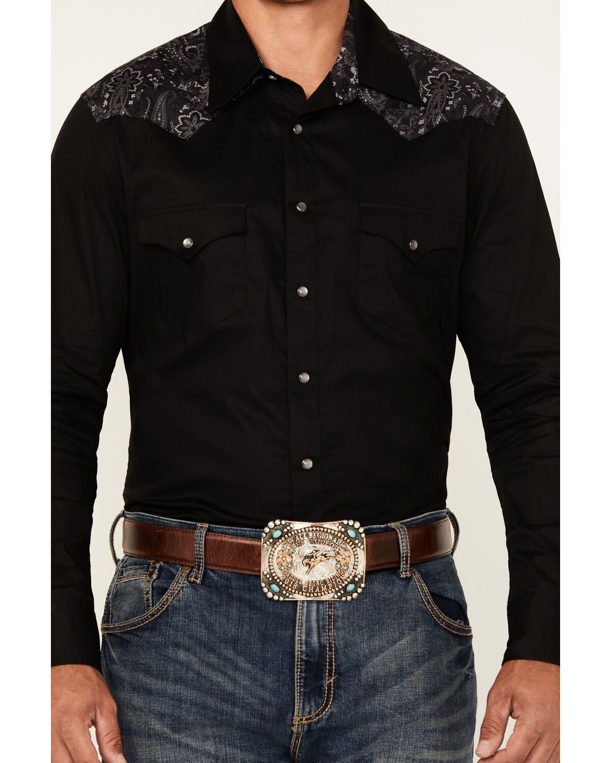 Image #3 - Rock & Roll Denim Men's Paisley Yoke Long Sleeve Pearl Snap Stretch Western Shirt, Black, hi-res