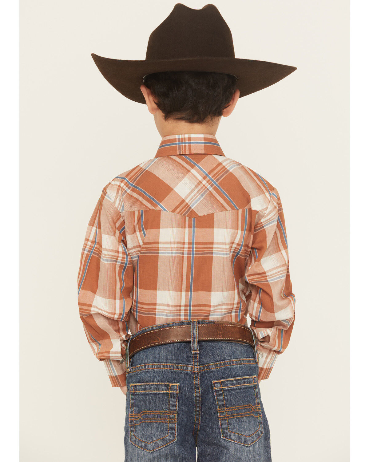Image #4 - Ely Walker Boys' Plaid Print Long Sleeve Snap Western Shirt, Orange, hi-res