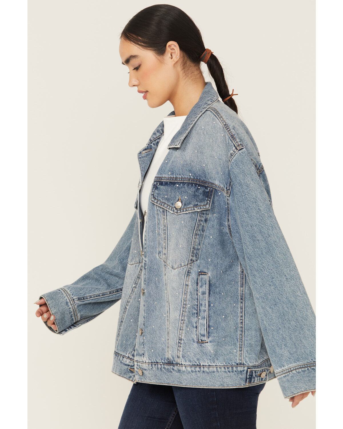 Image #2 - Daze Women's Beau Medium Wash Oversized Studded Denim Jacket, Medium Wash, hi-res