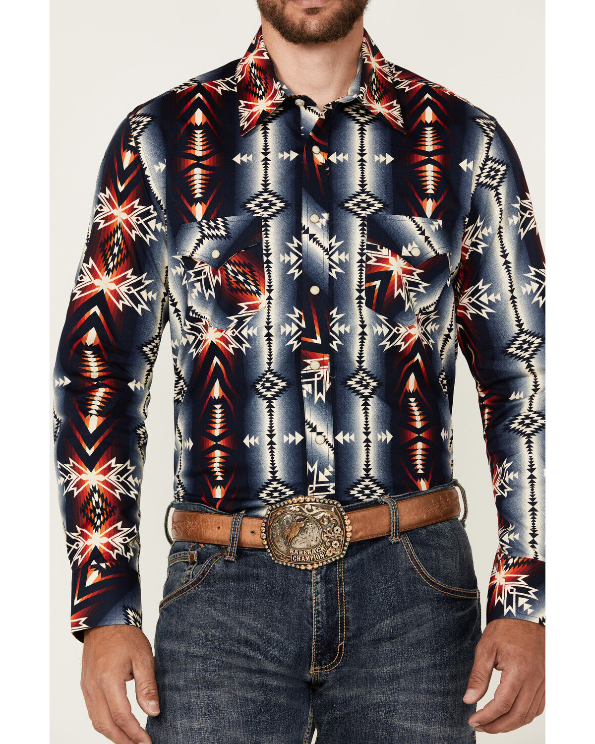 Image #3 - Rock & Roll Denim Men's Southwestern Print Long Sleeve Snap Stretch Western Shirt, Navy, hi-res