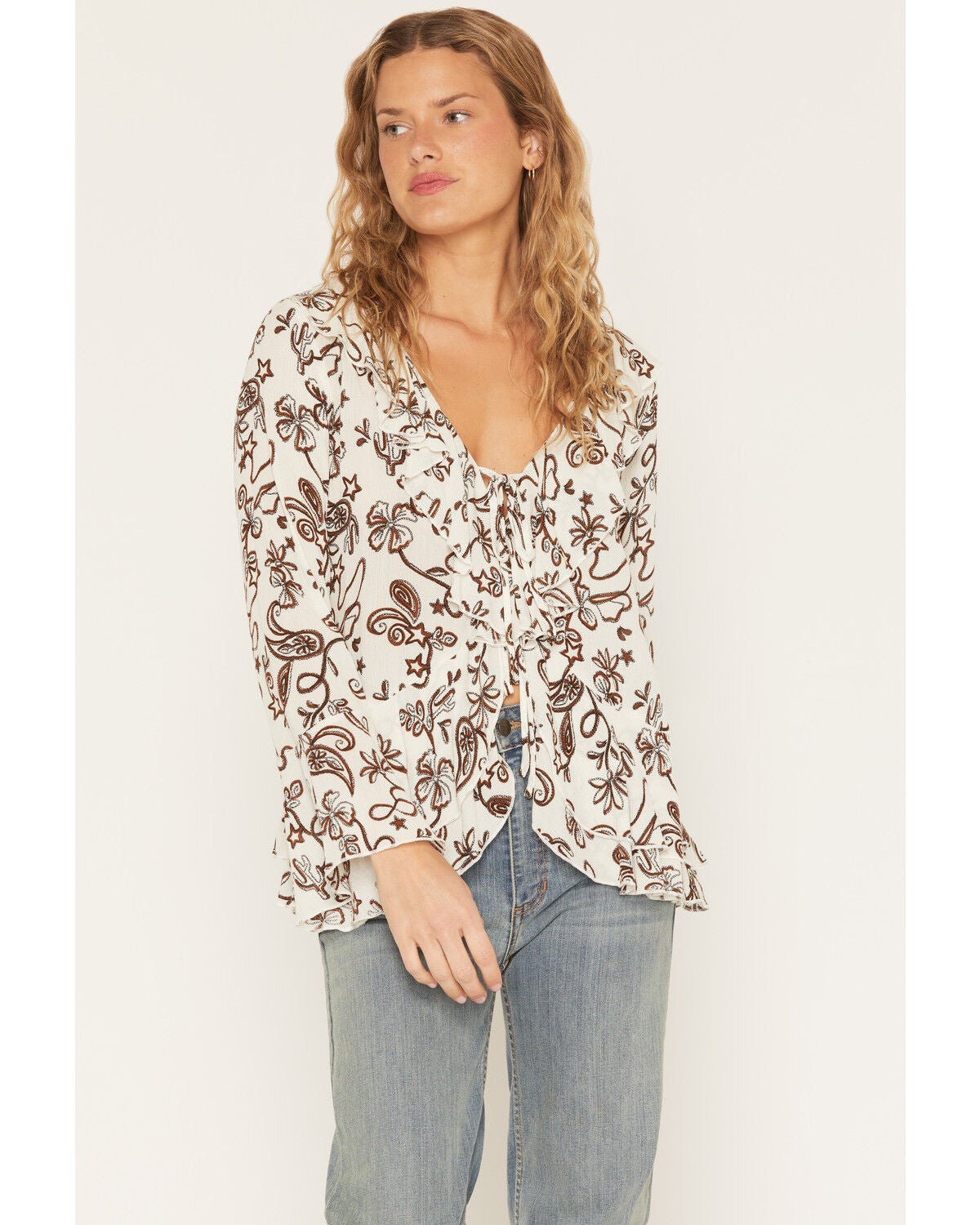 Image #1 - Rosabelle Honey Women's Western Print Ruffle Tie-Front Blouse, Cream, hi-res