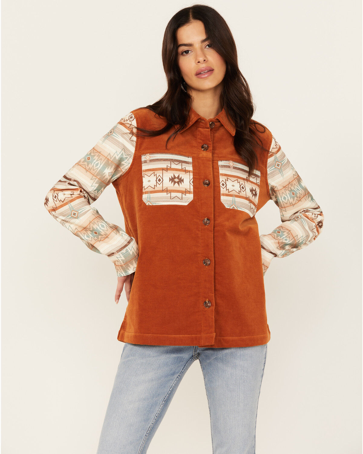 Image #1 - Shyanne Women's Printed Stretch Corduroy Shacket, Caramel, hi-res