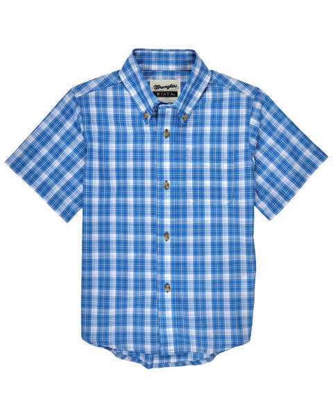 Image #1 - Wrangler Boys' Riatta Plaid Print Short Sleeve Button-Down Western Shirt , Blue, hi-res