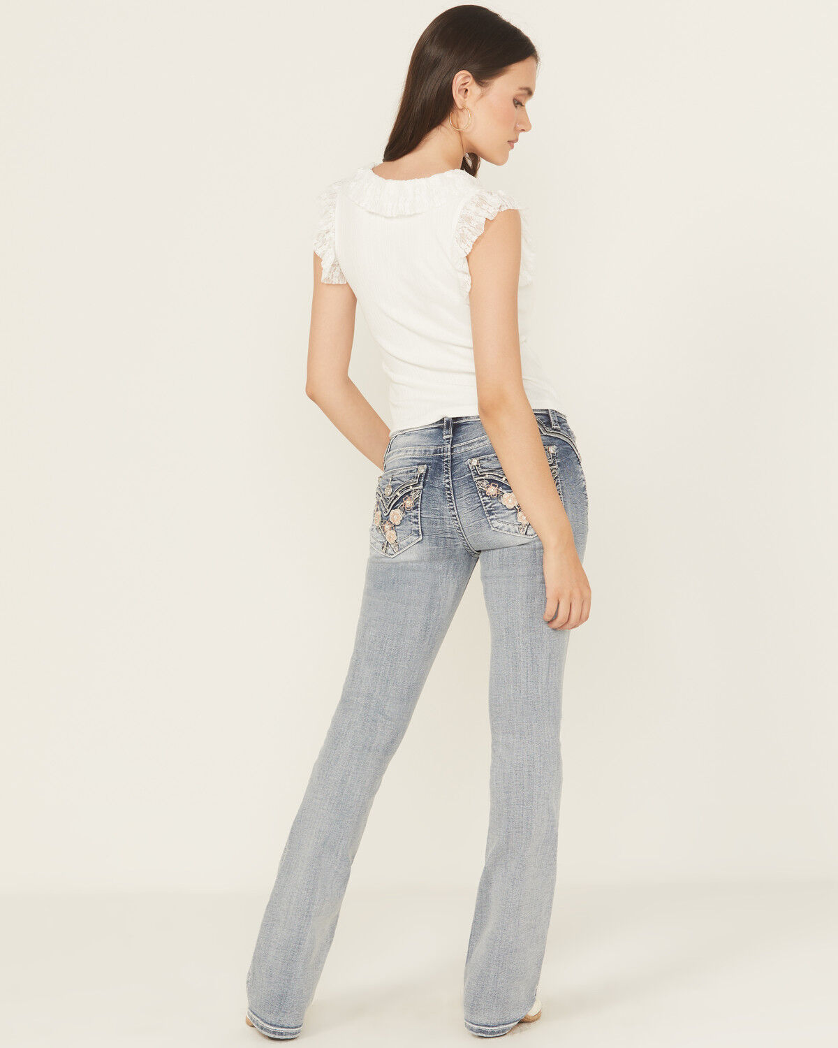 Image #1 - Miss Me Women's Light Wash Mid Rise Floral Pocket Bootcut Jeans, Light Wash, hi-res