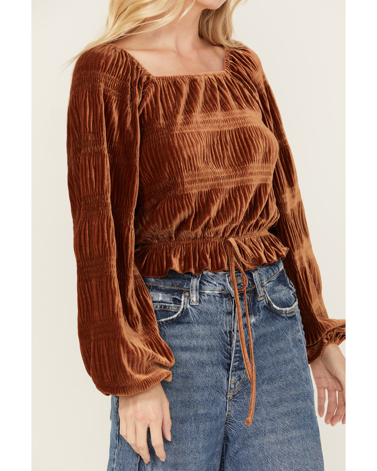 Image #2 - Rock & Roll Denim Women's Velvet Cinch Front Long Sleeve Blouse, Rust Copper, hi-res