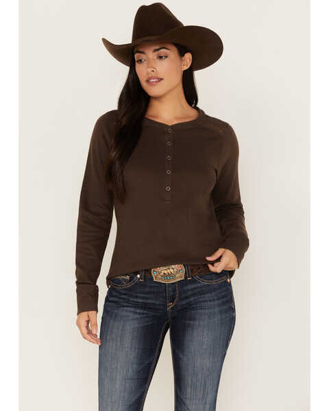 Ariat Women's R.E.A.L Henley Long Sleeve Shirt, Brown, hi-res