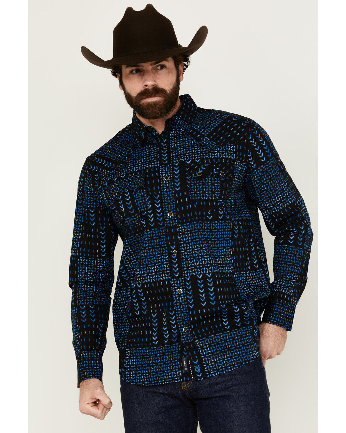 Image #1 - Moonshine Spirit Men's Twilight Southwestern Geo Print Long Sleeve Snap Western Shirt, Black, hi-res