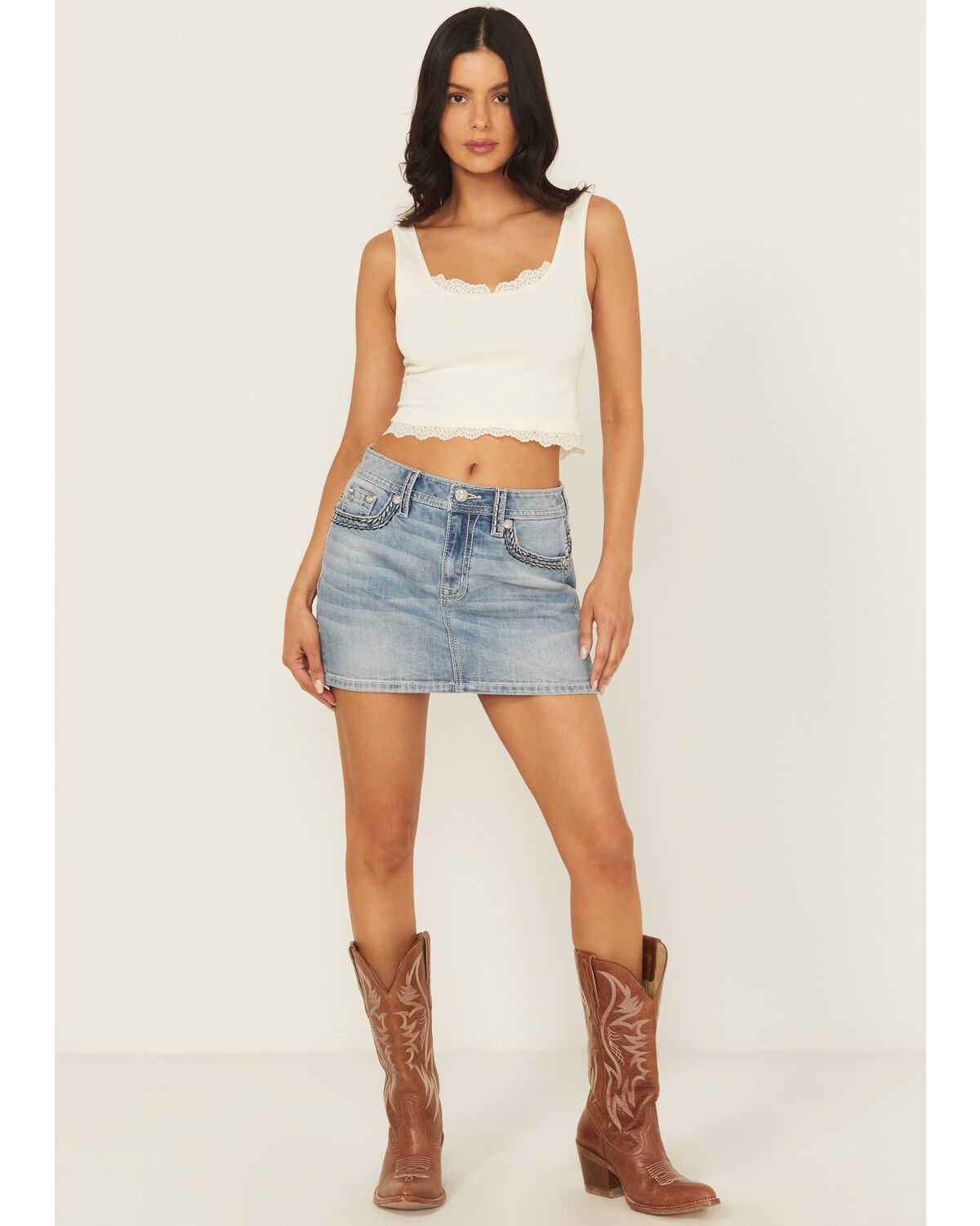 Image #3 - Miss Me Women's Light Wash Mid Rise Embroidered Denim Stretch Mini Skirt, Light Wash, hi-res