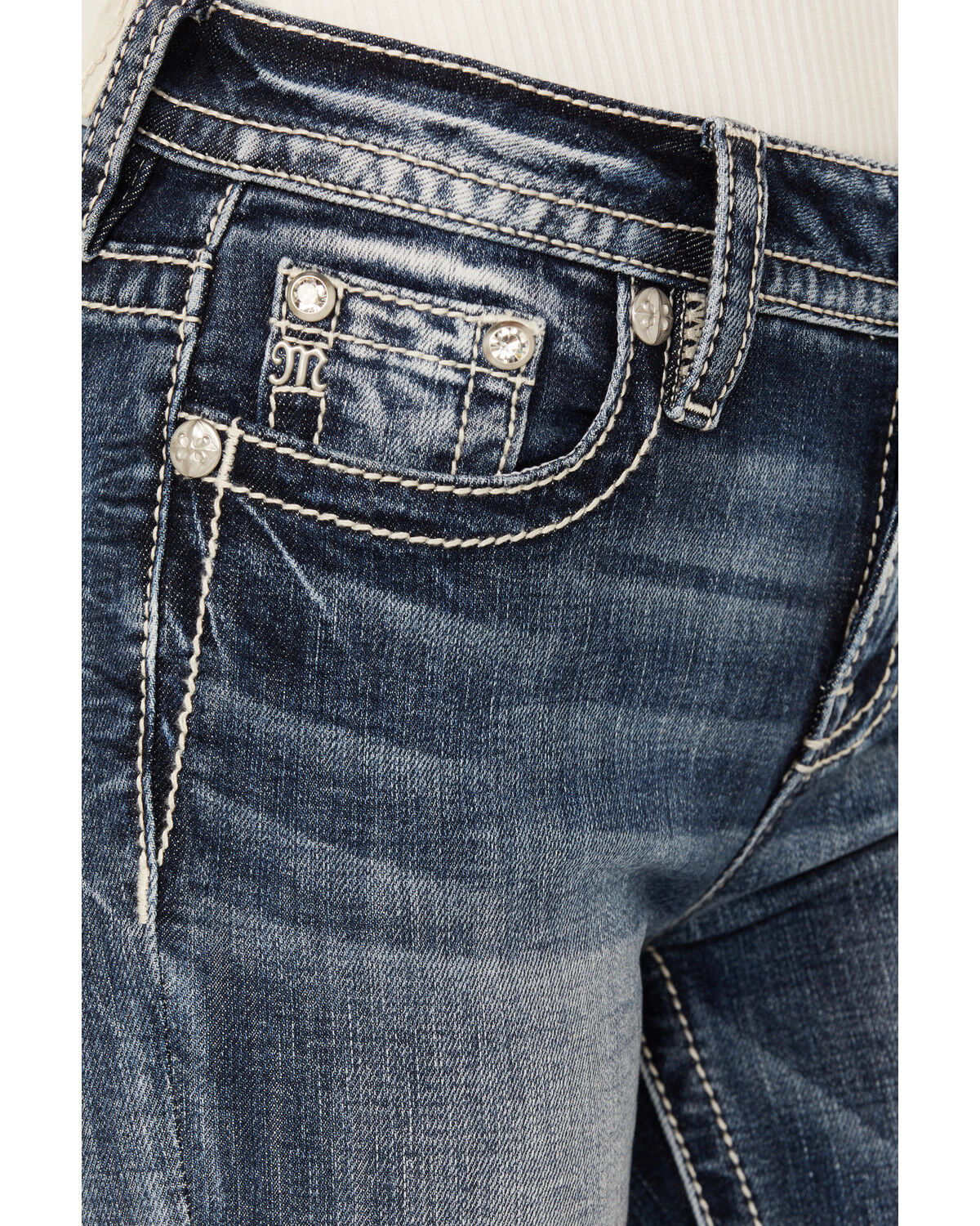Image #4 - Miss Me Women's Dark Wash Mid Rise Downward Wing Pocket Bootcut Stretch Denim Jeans, , hi-res