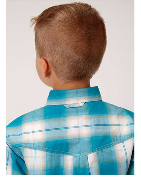 Image #2 - Roper Boys' Amarillo Saddle Plaid Print Long Sleeve Button Down Western Shirt, Blue, hi-res