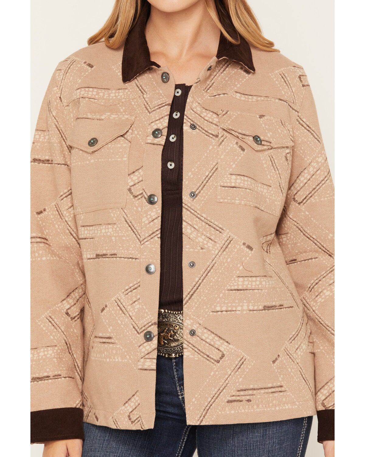 Image #3 - Shyanne Women's Broncfire Southwestern Print Shacket, Khaki, hi-res