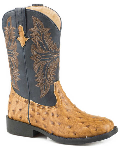 Roper Boys' Cowboy Cool Faux Ostrich Western Boots - Broad Square Toe, Tan, hi-res