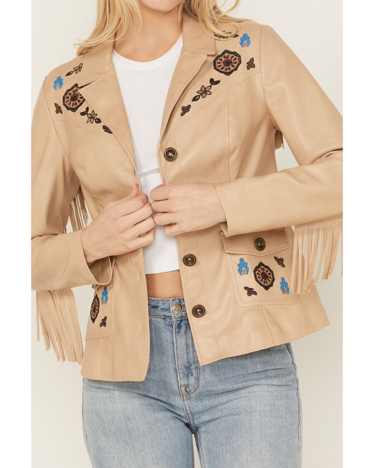 Image #3 - Shyanne Women's Embroidered Faux Leather Jacket, Sand, hi-res