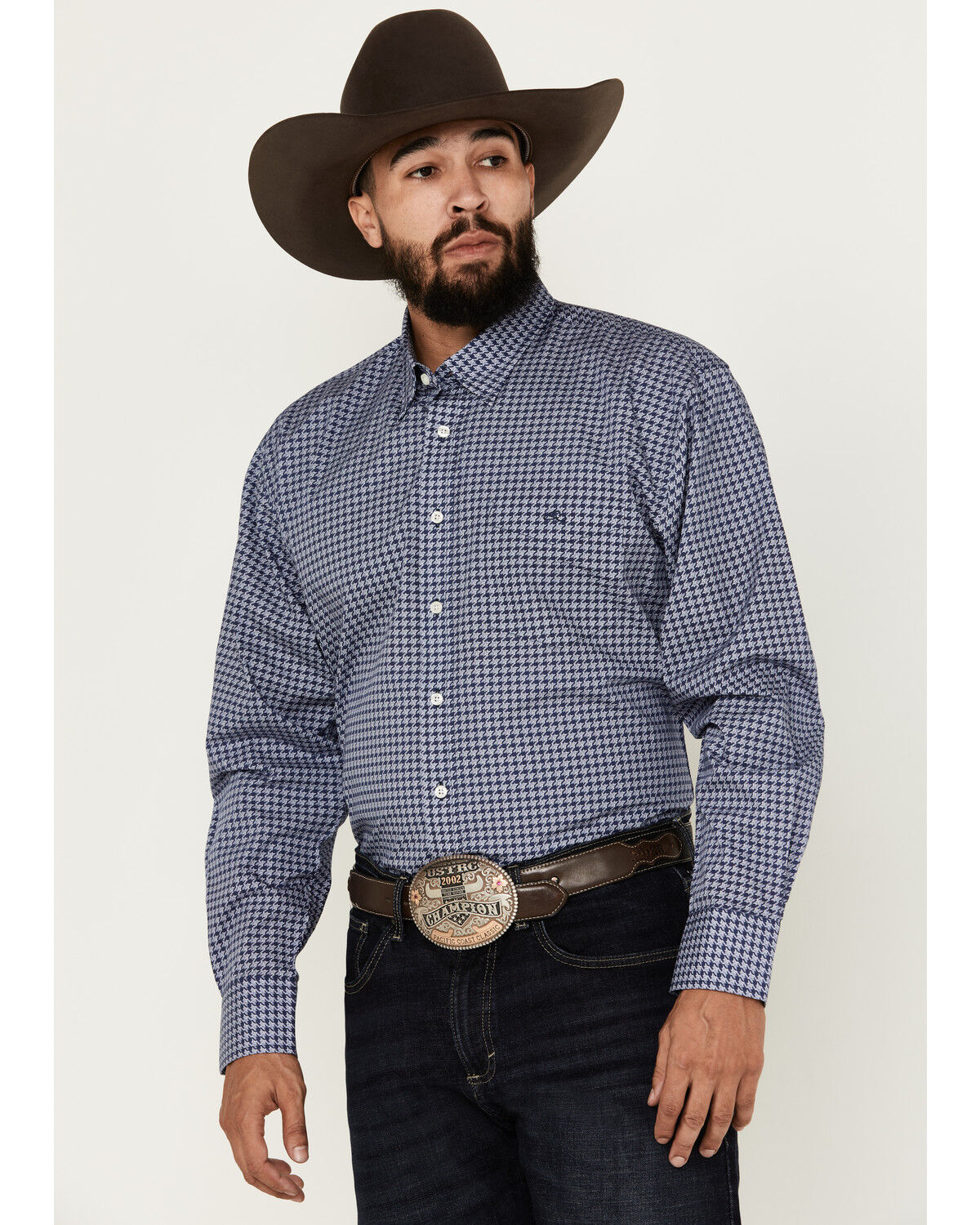 Image #2 - Resistol Men's Henry Houndstooth Print Long Sleeve Button Down Western Shirt, Blue, hi-res