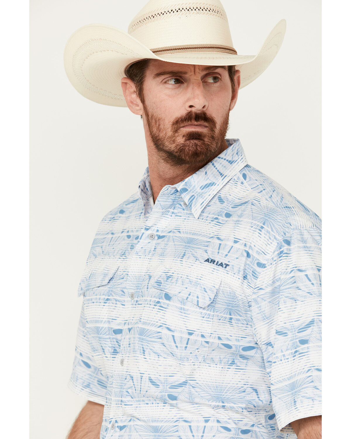 Image #2 - Ariat Men's VentTEK Outbound Striped Leaf Print Short Sleeve Performance Shirt - Tall, Light Blue, hi-res