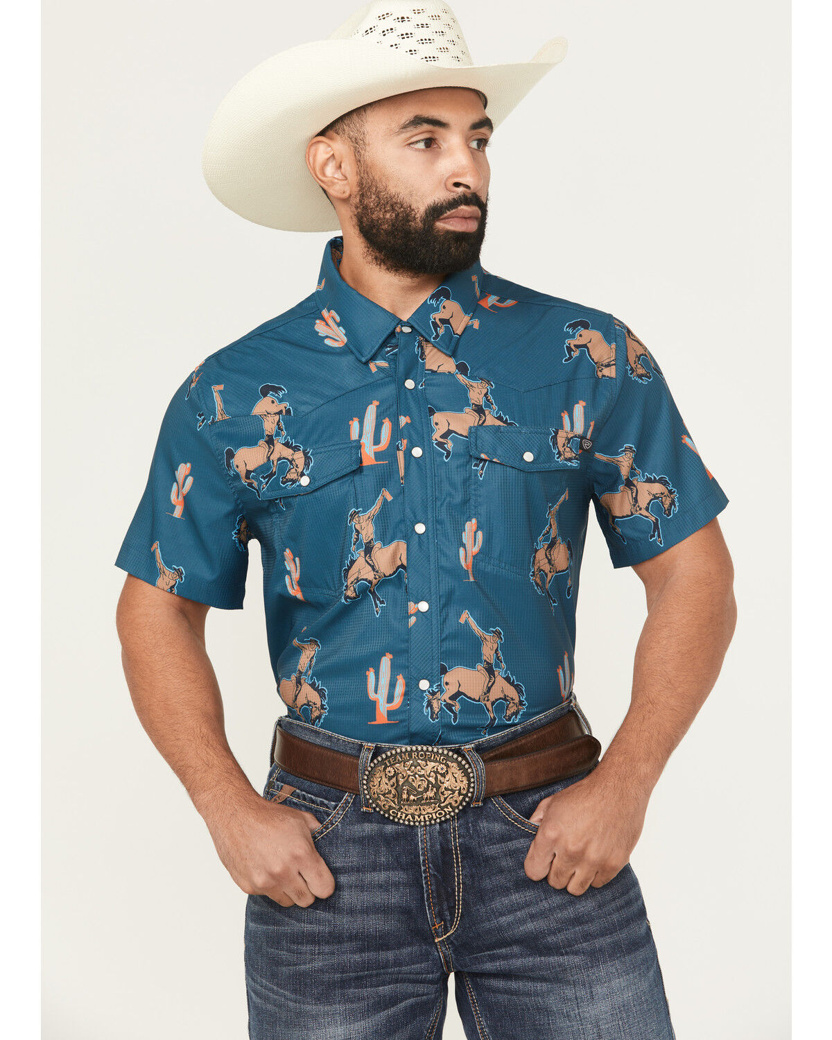 Image #1 - Rock & Roll Denim Men's Tek Bronco Print Short Sleeve Pearl Snap Western Shirt, Dark Teal, hi-res