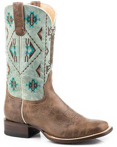 Roper Women's Out West Southwestern Embroidered Performance Western Boots - Square Toe , Brown, hi-res