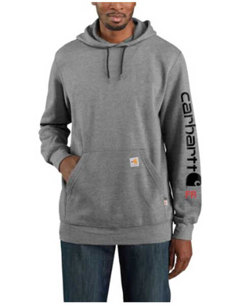 Image #1 - Carhartt Men's FR Solid Force Midweight Signature Logo Hooded Work Sweatshirt - Big , Grey, hi-res