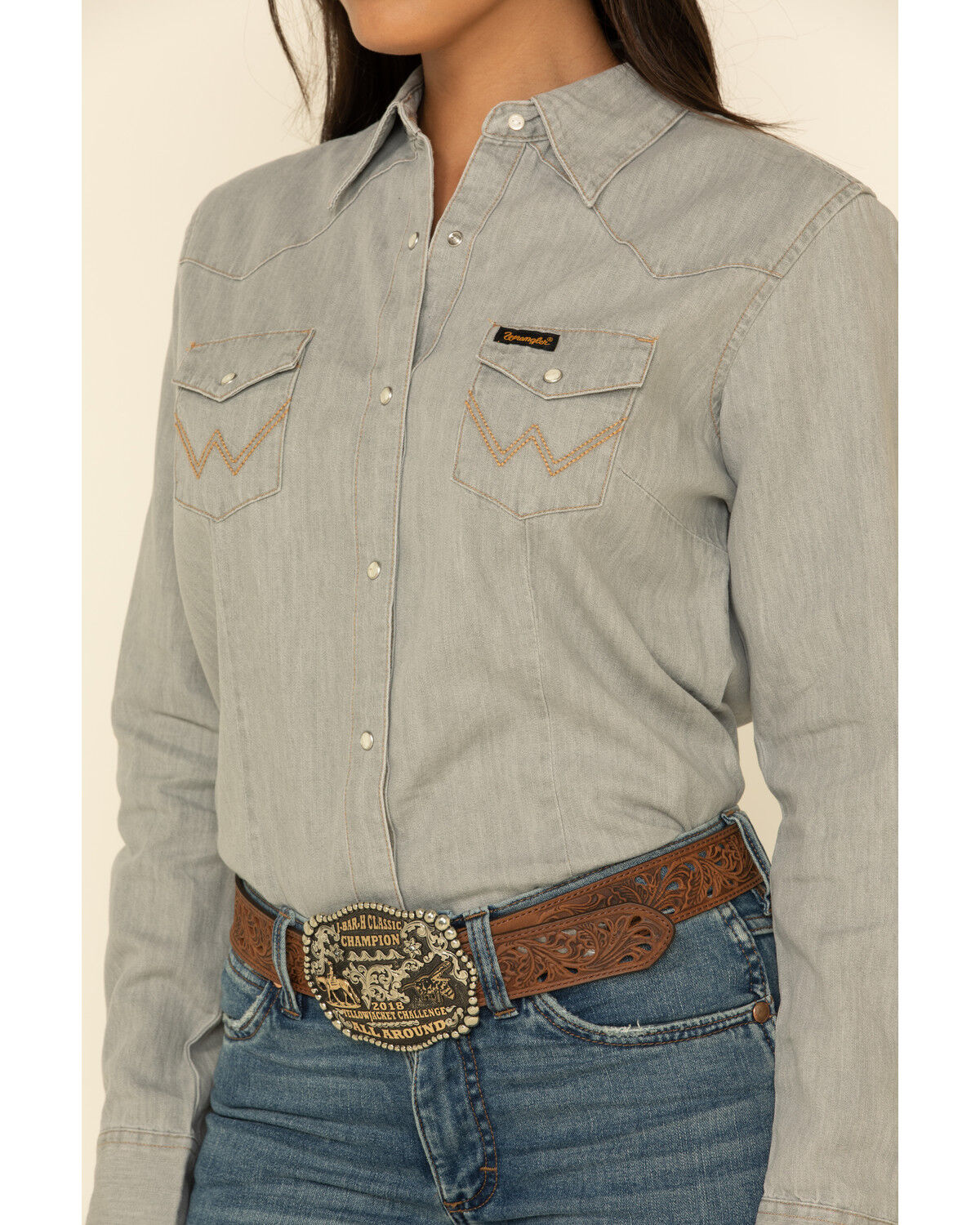 Image #9 - Wrangler Women's Solid Long Sleeve Snap Denim Shirt, Grey, hi-res