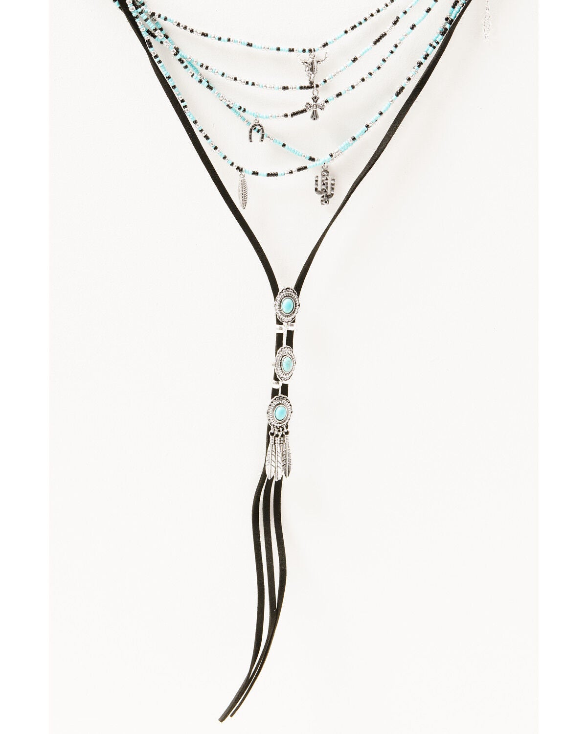 Shyanne Women's Leather Layered Turquoise Beaded & Silver Concho Fringe Charm Necklace, Silver, hi-res