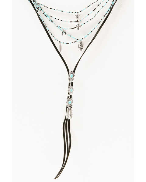 Image #1 - Shyanne Women's Leather Layered Turquoise Beaded & Silver Concho Fringe Charm Necklace, Silver, hi-res