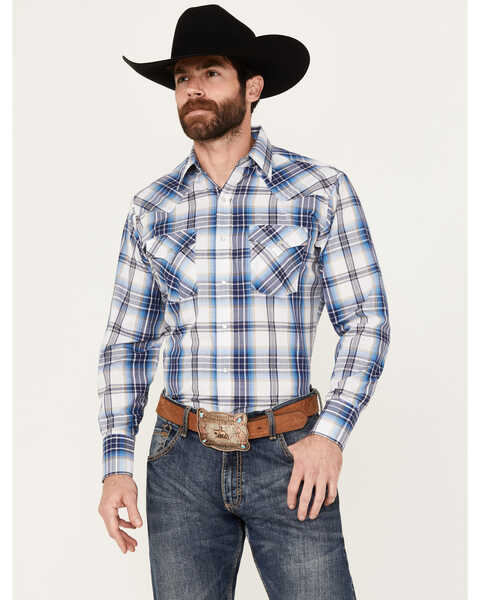 Image #1 - Ely Walker Men's Plaid Print Long Sleeve Pearl Snap Western Shirt - Tall, White, hi-res