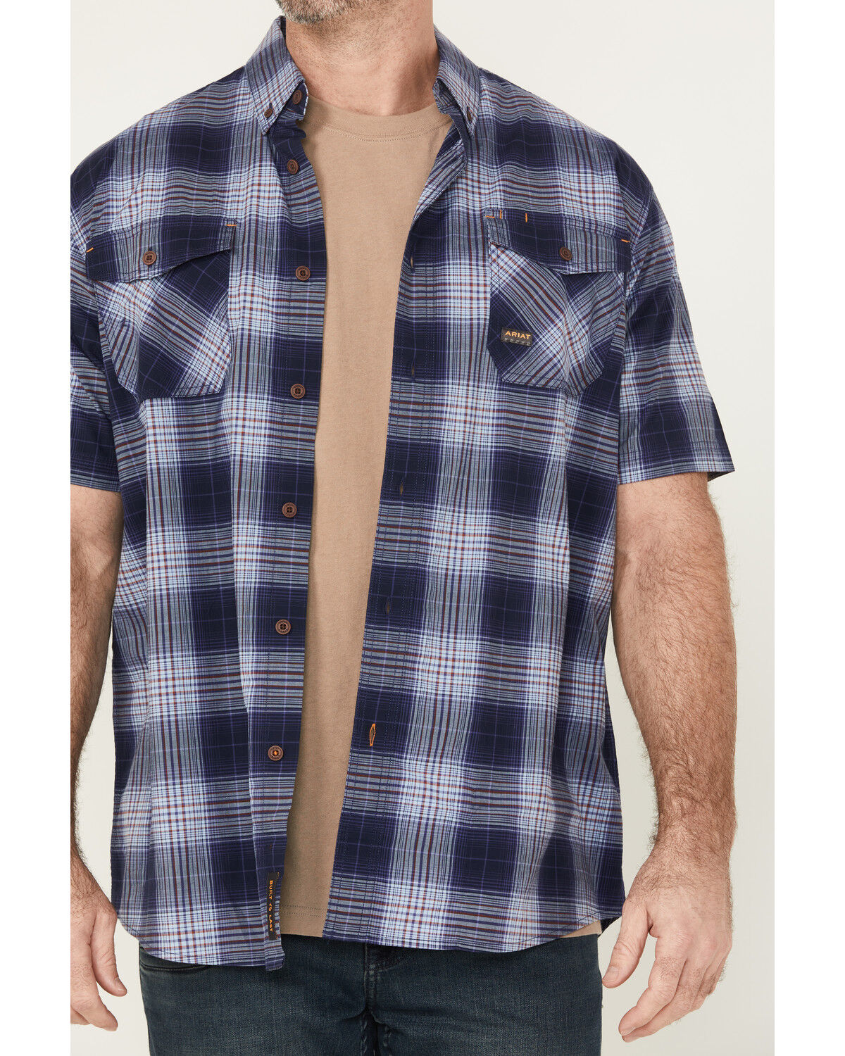 Image #3 - Ariat Men's Rebar Made Tough Short Sleeve Button-Down Stretch Work Shirt, Indigo, hi-res