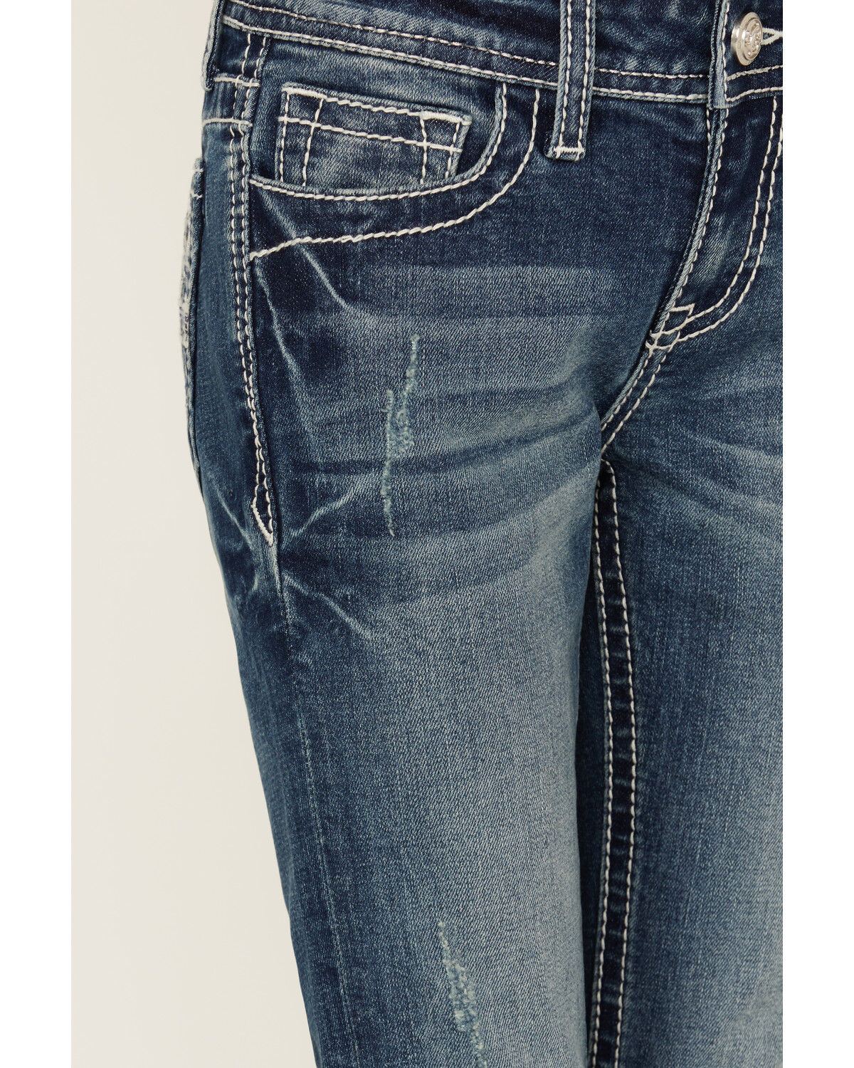 Image #4 - Grace in LA Girls' Dark Wash Geo Print Pocket Stretch Bootcut Jeans, Medium Wash, hi-res