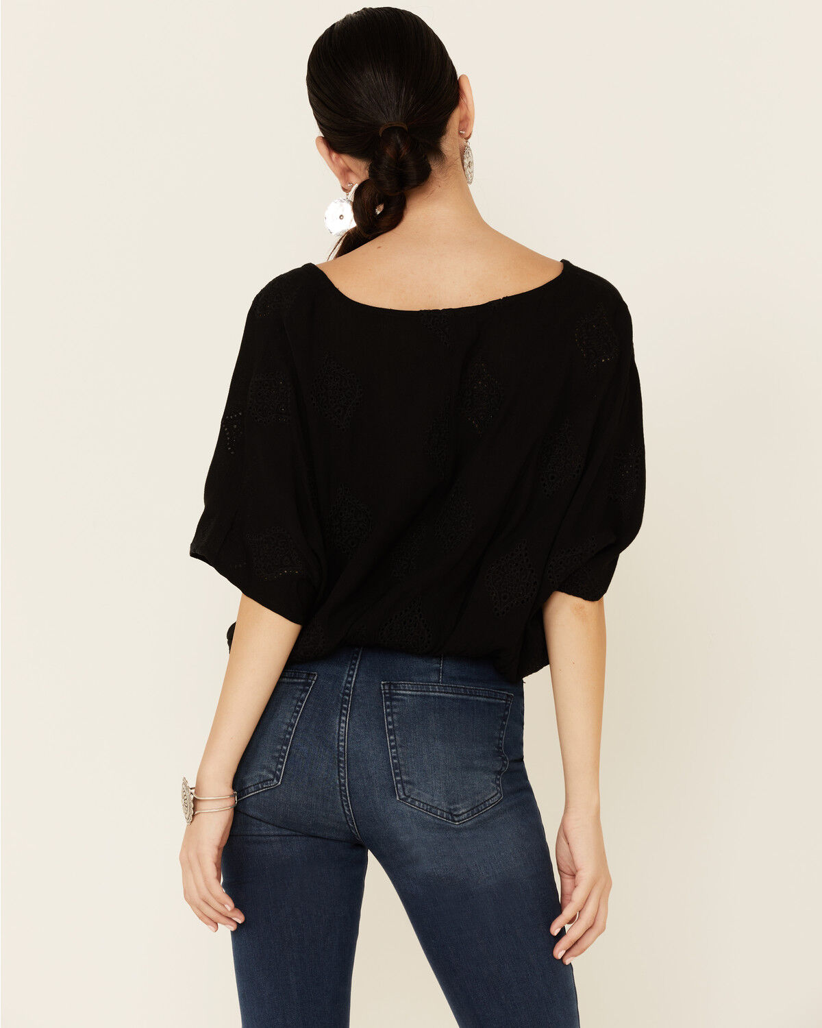 Image #4 - Angie Women's Embroidered Button-Down Long Sleeve Flowy Top, Black, hi-res