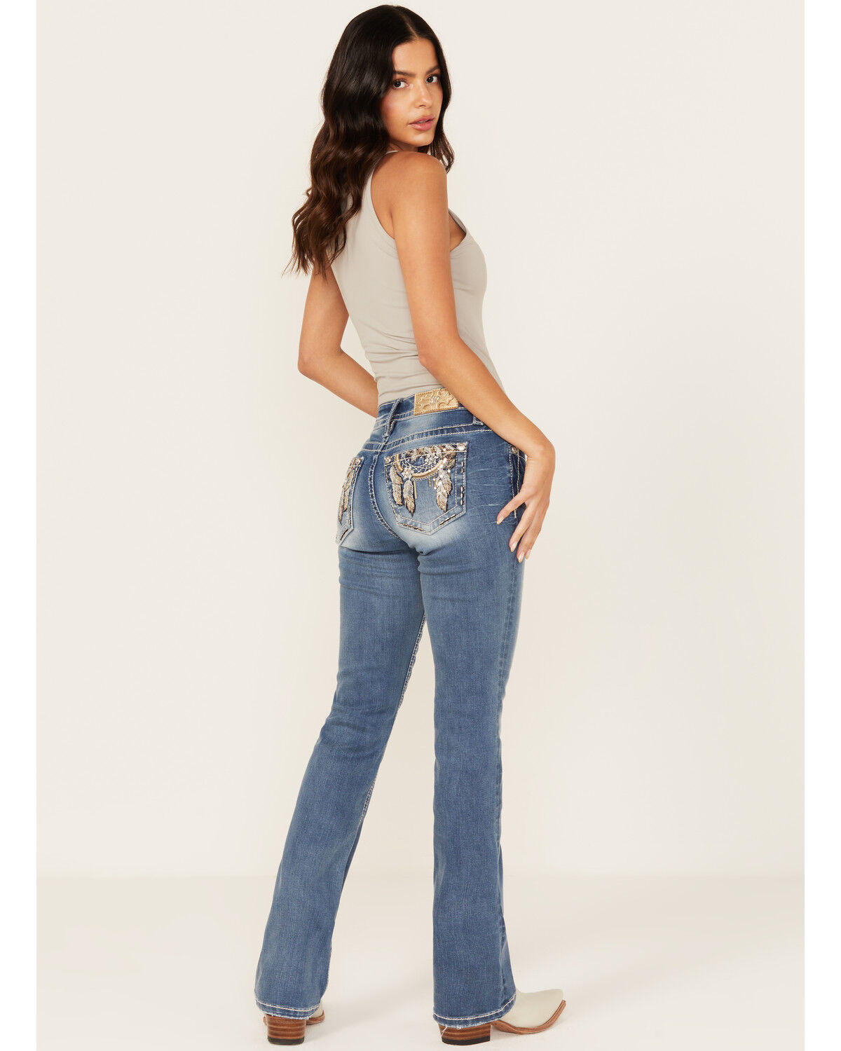 Image #1 - Miss Me Women's Dark Wash Mid Rise Dream Catcher Pocket Bootcut Stretch Denim Jeans, Dark Wash, hi-res
