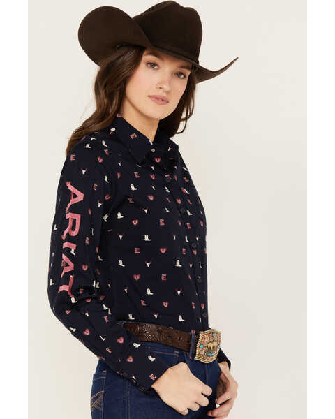 Image #1 - Ariat Women's Love Team Kirby Stretch Long Sleeve Button Down Western Shirt, Navy, hi-res