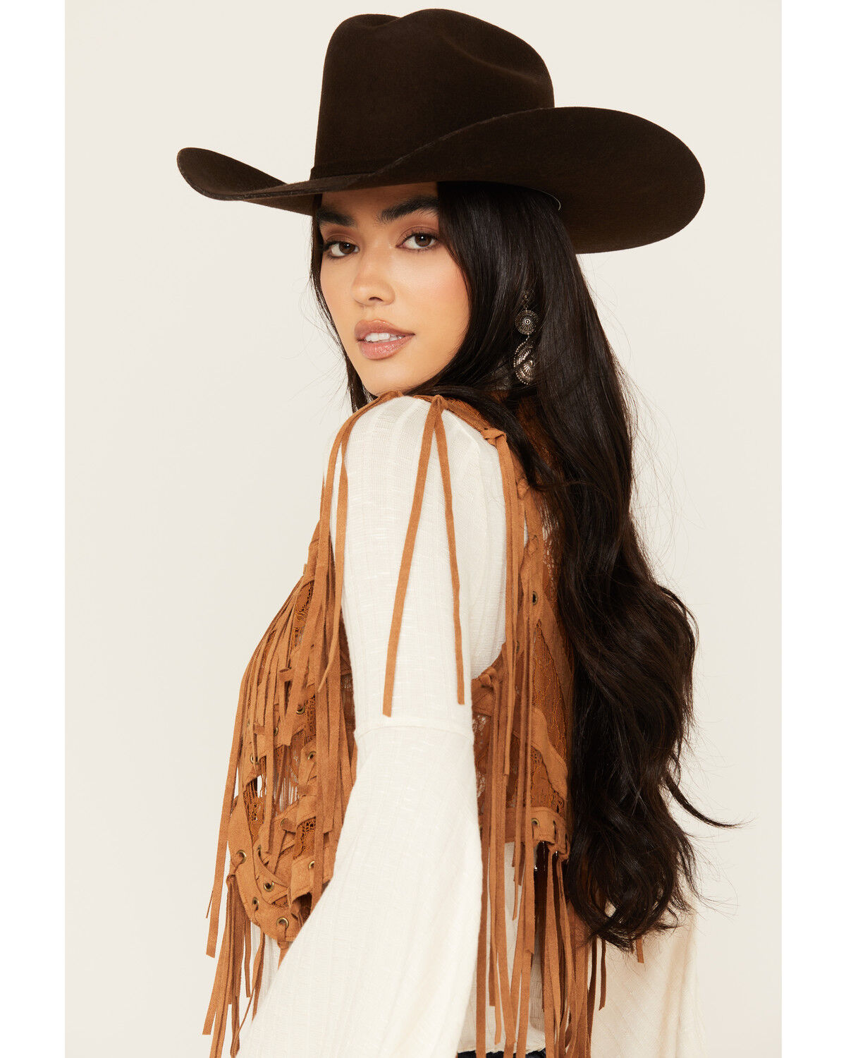 Image #2 - Vocal Women's Braided Lace Fringe Vest, Camel, hi-res