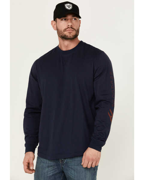 Image #1 - Hawx Men's Long Sleeve Knit Solid Logo Long Sleeve Work T-Shirt, Navy, hi-res