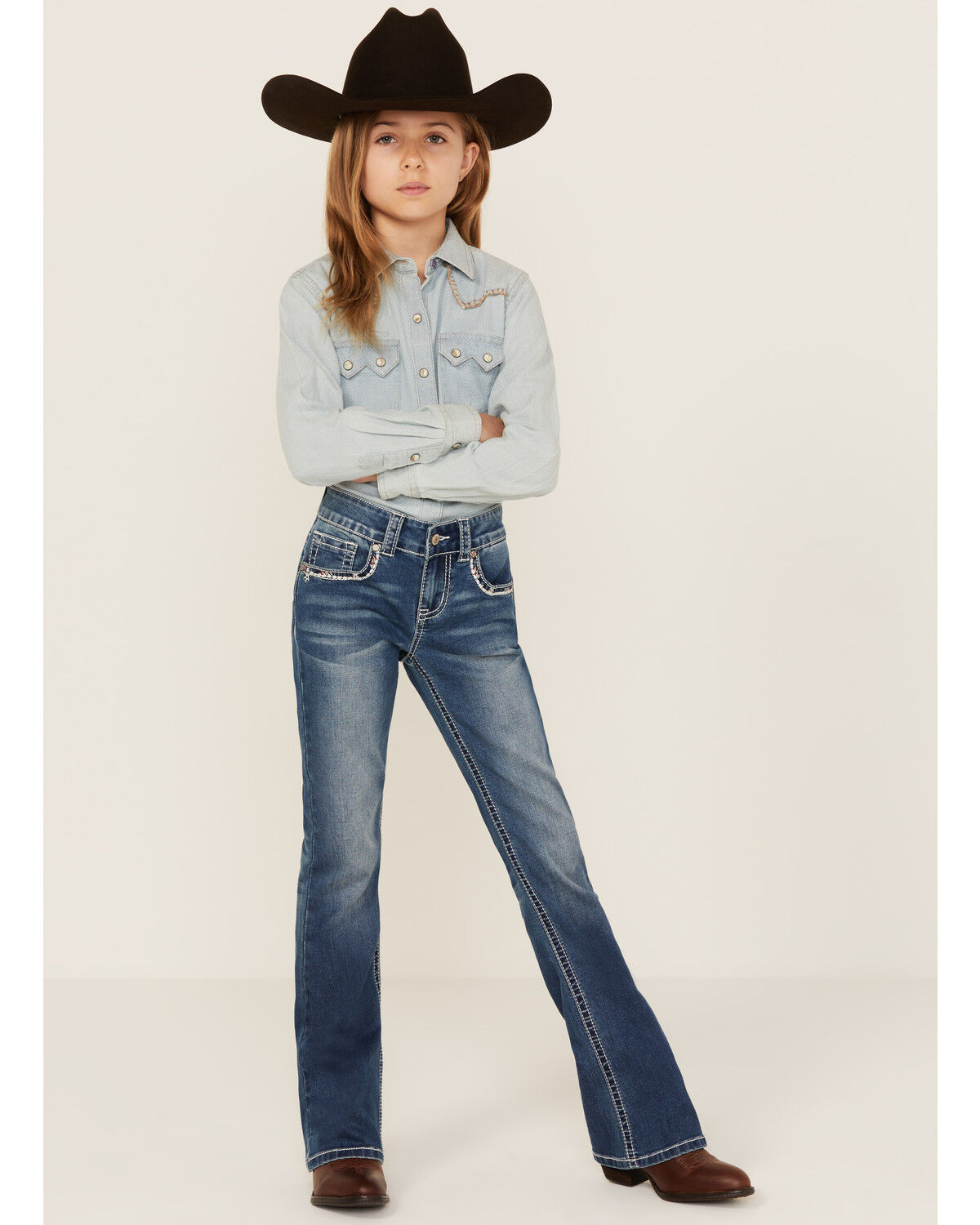 Image #3 - Shyanne Little Girls' Americana Horseshoe Pocket Stretch Bootcut Jeans, Blue, hi-res