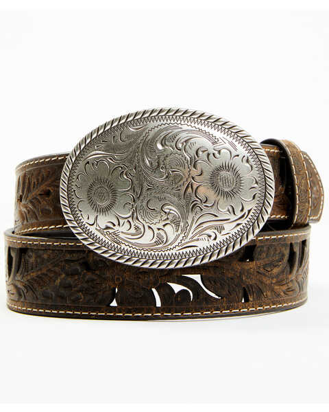 Shyanne Women's Oval Scroll Buckle Tooled Cut Out Belt, Brown, hi-res