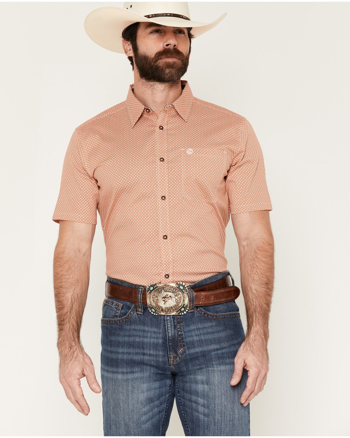 Cody James Men's Grill And Greet Medallion Print Short Sleeve Stretch Western Shirt, Red, hi-res