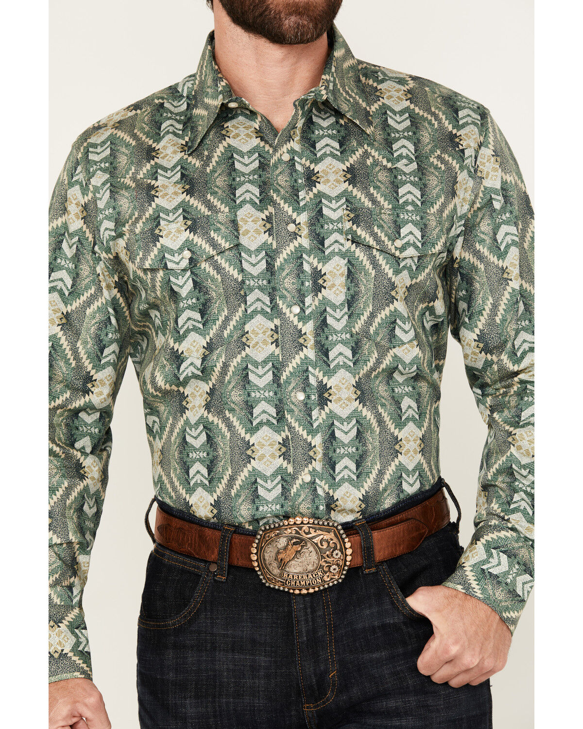 Image #3 - Wrangler Men's Checotah Southwestern Print Long Sleeve Pearl Snap Western Shirt, Green, hi-res