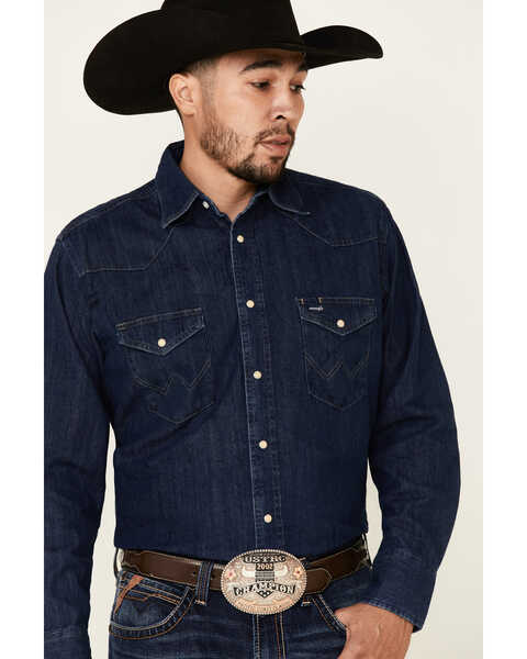 Image #3 - Wrangler Men's Dark Denim Solid Long Sleeve Snap Western Shirt , Dark Blue, hi-res