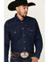 Wrangler Men's Dark Denim Solid Long Sleeve Western Shirt , Dark Blue, hi-res