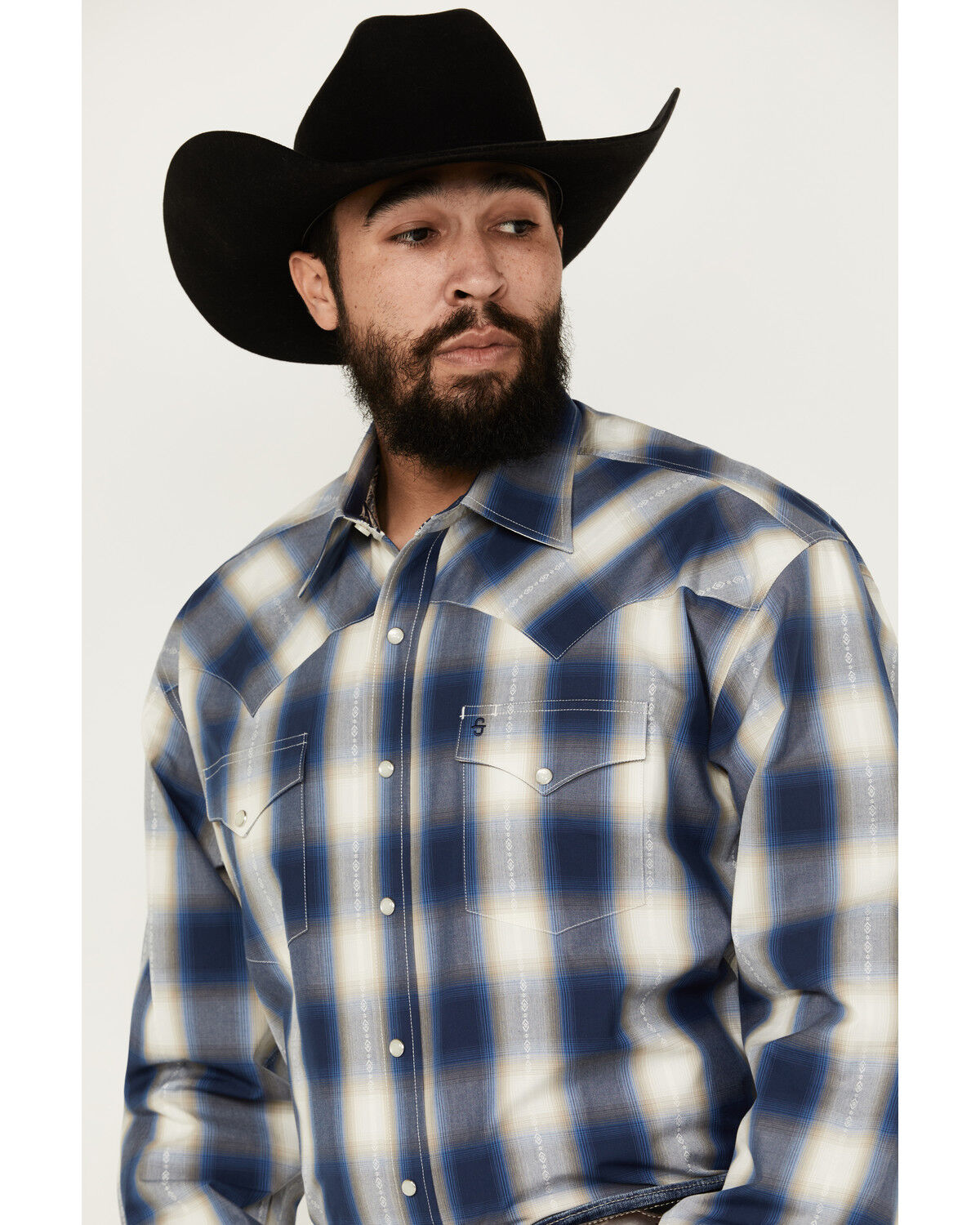 Image #2 - Stetson Men's Plaid Print Long Sleeve Pearl Snap Western Shirt, Dark Blue, hi-res