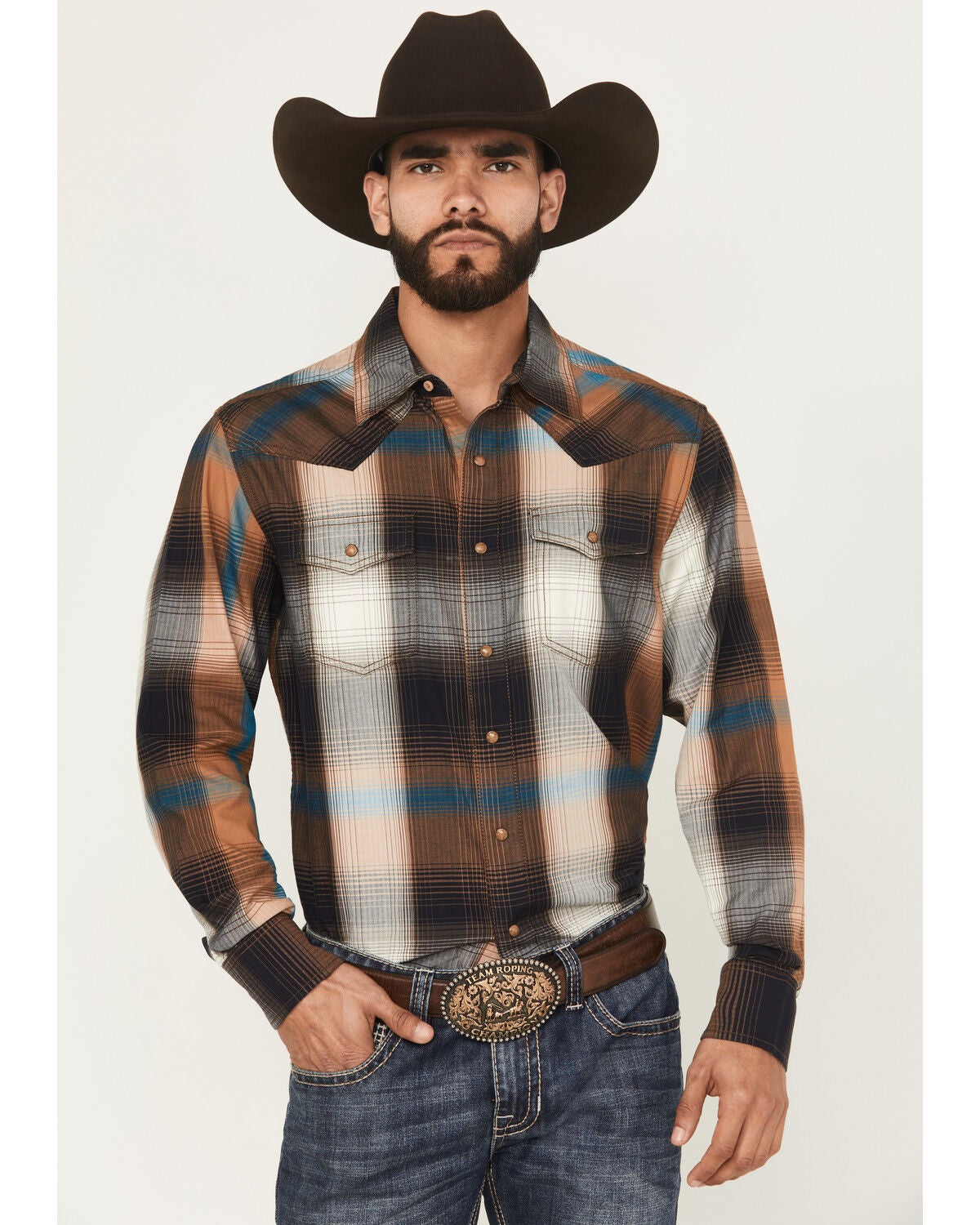 Image #1 - Wrangler Retro Men's Plaid Print Long Sleeve Snap Western Shirt, Brown, hi-res