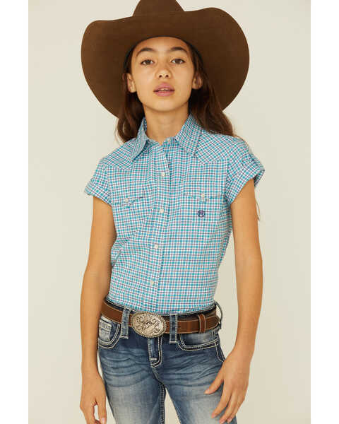 Roper Girls' Plaid Print Short Sleeve Snap Western Shirt, Blue, hi-res