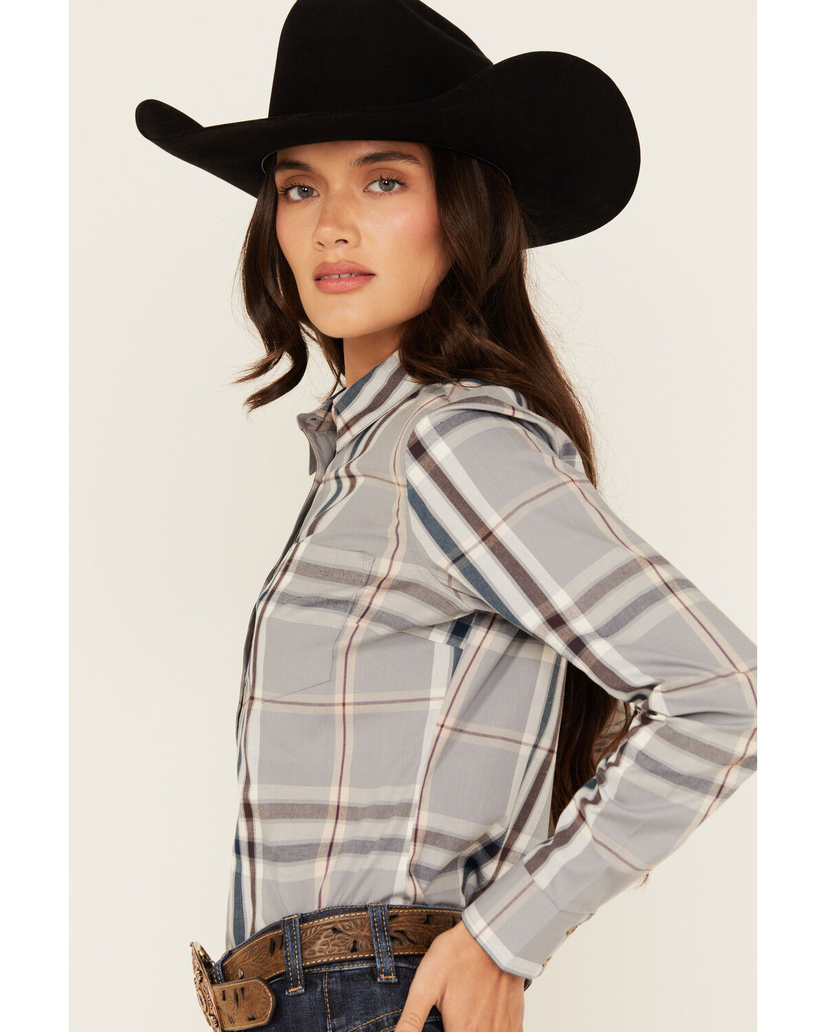Image #2 - Shyanne Women's Plaid Print Long Sleeve Button-Down Stretch Western Shirt, Slate, hi-res