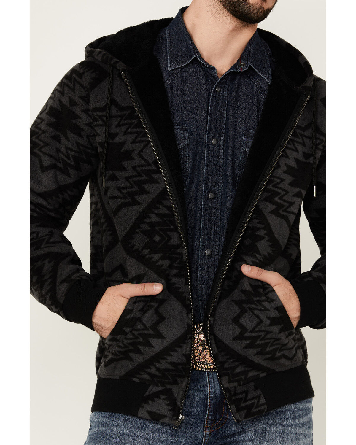 Image #3 - Cody James Men's Basin Southwestern Print Fleece Hooded Jacket, Charcoal, hi-res